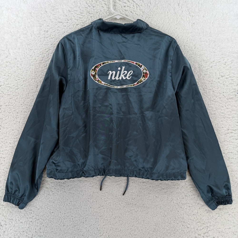 Nike Jacket Womens Medium Blue Floral Logo Snap Front Windbreaker CU5351-058